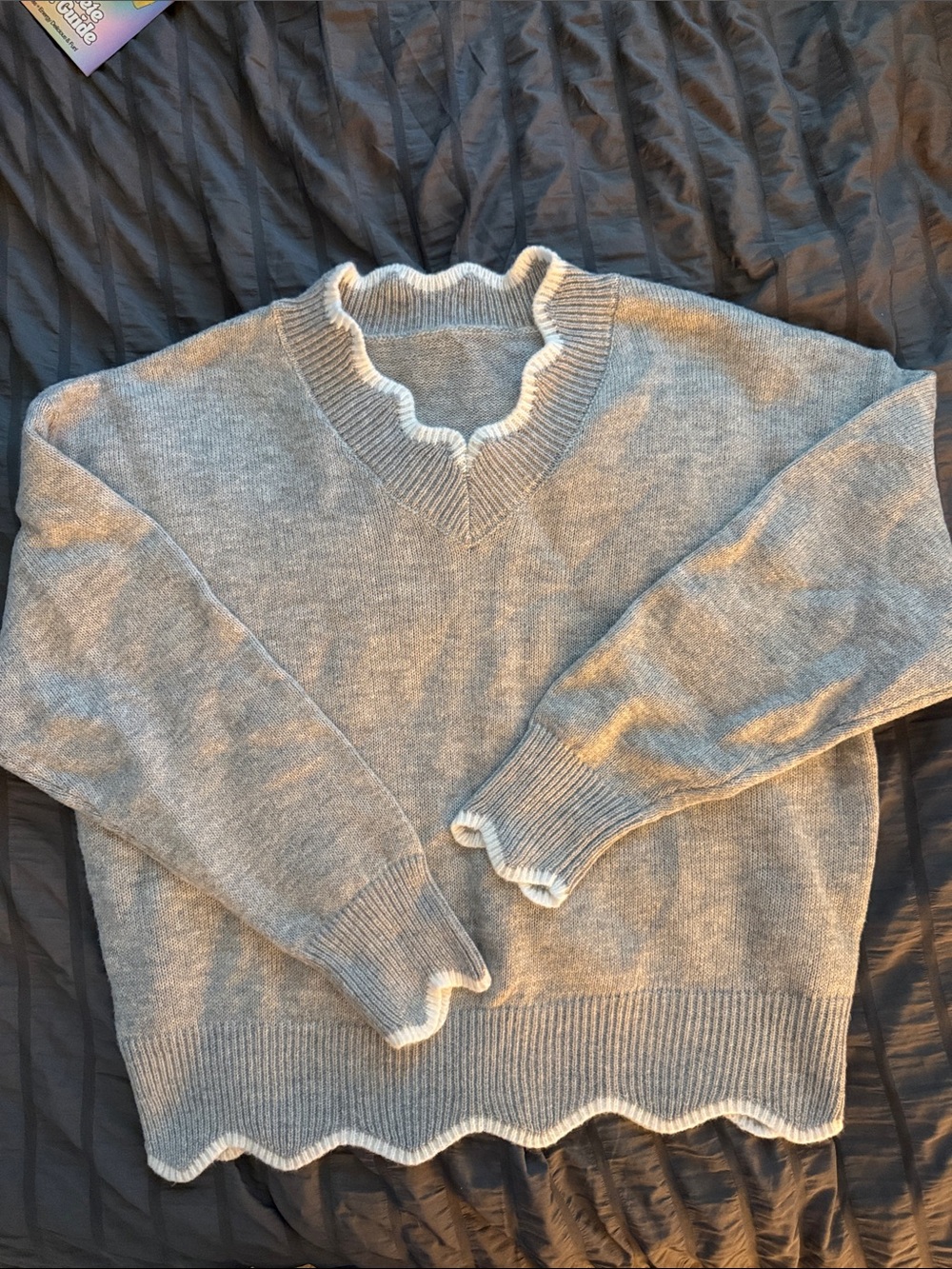 Women's Grey Scalloped V-Neck Sweater